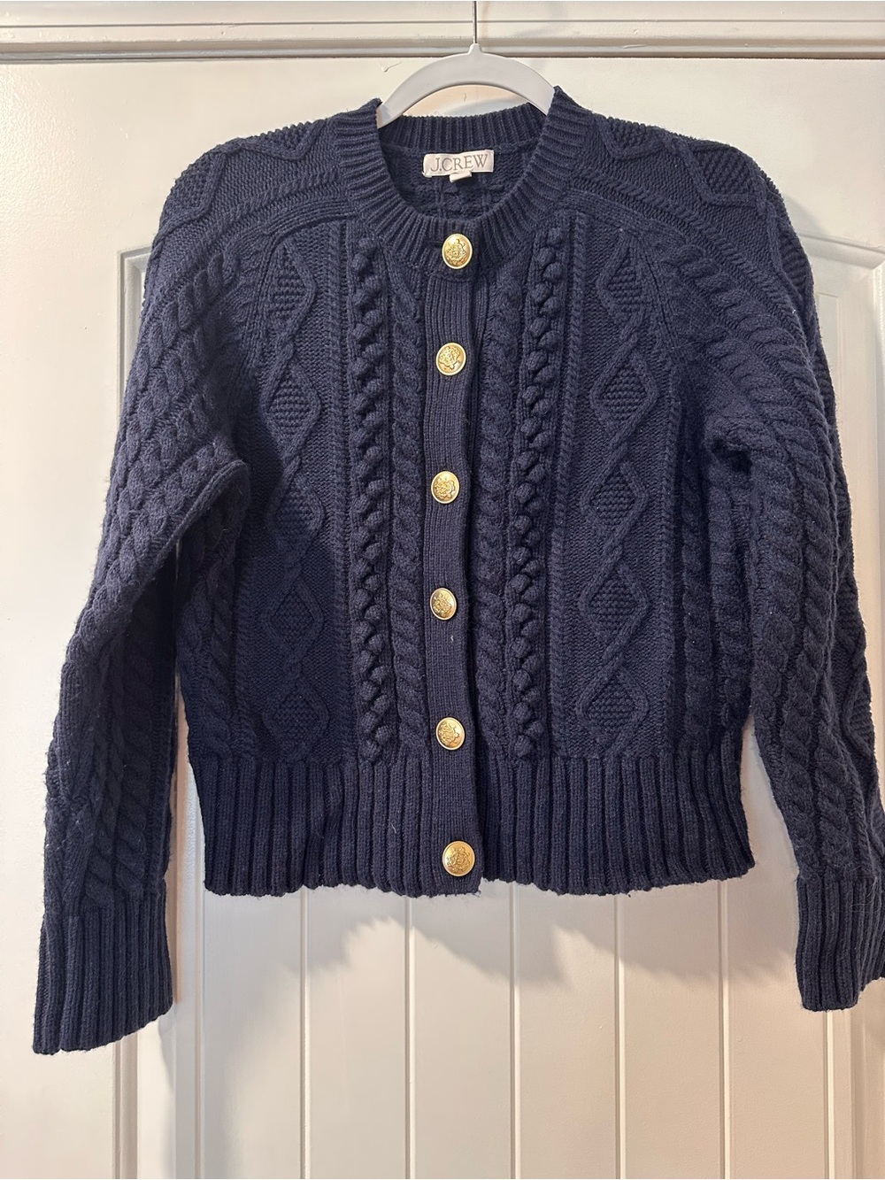 J. Crew Navy Cable-Knit Cardigan with Gold Buttons